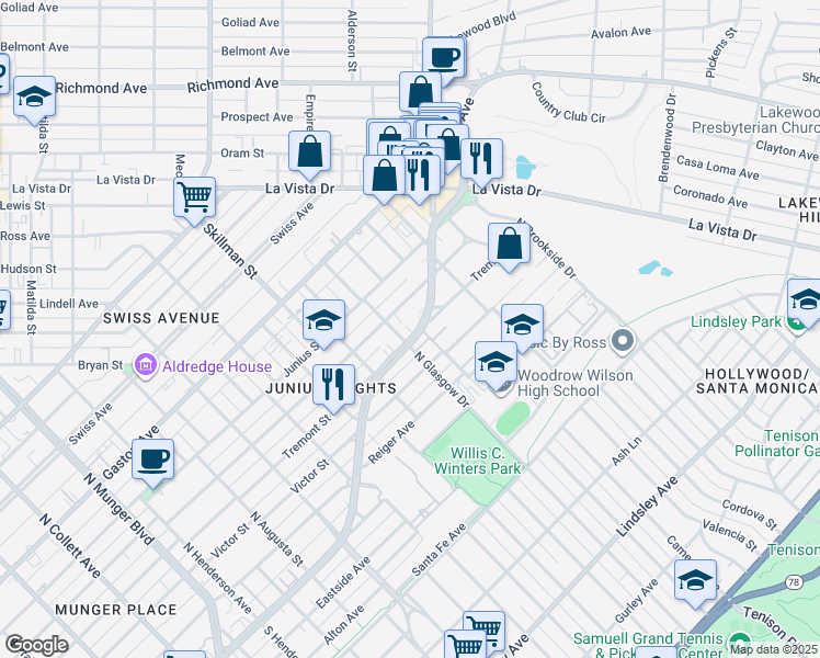 map of restaurants, bars, coffee shops, grocery stores, and more near 42 Abrams Road in Dallas