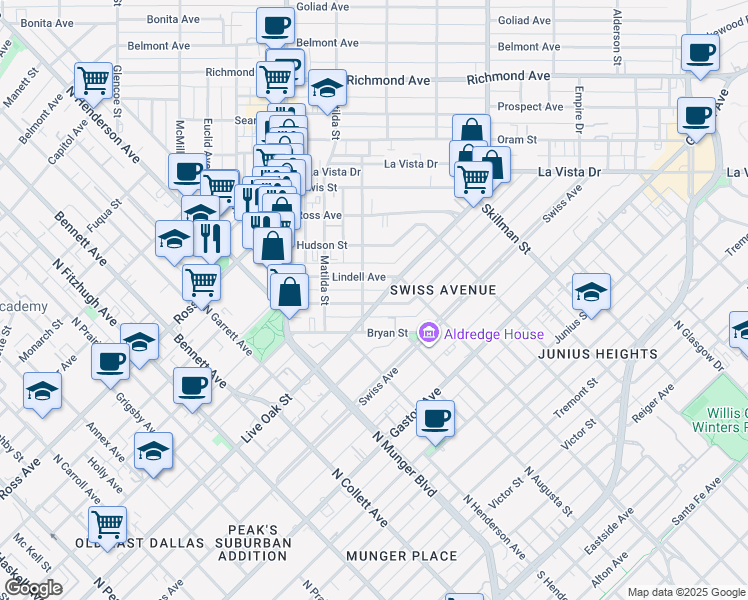 map of restaurants, bars, coffee shops, grocery stores, and more near 5505 Live Oak Street in Dallas