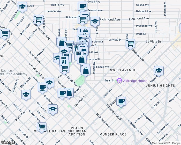 map of restaurants, bars, coffee shops, grocery stores, and more near 5509 Bryan Parkway in Dallas