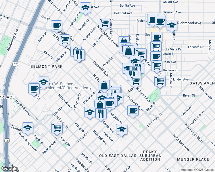 map of restaurants, bars, coffee shops, grocery stores, and more near 4850 Monarch Street in Dallas