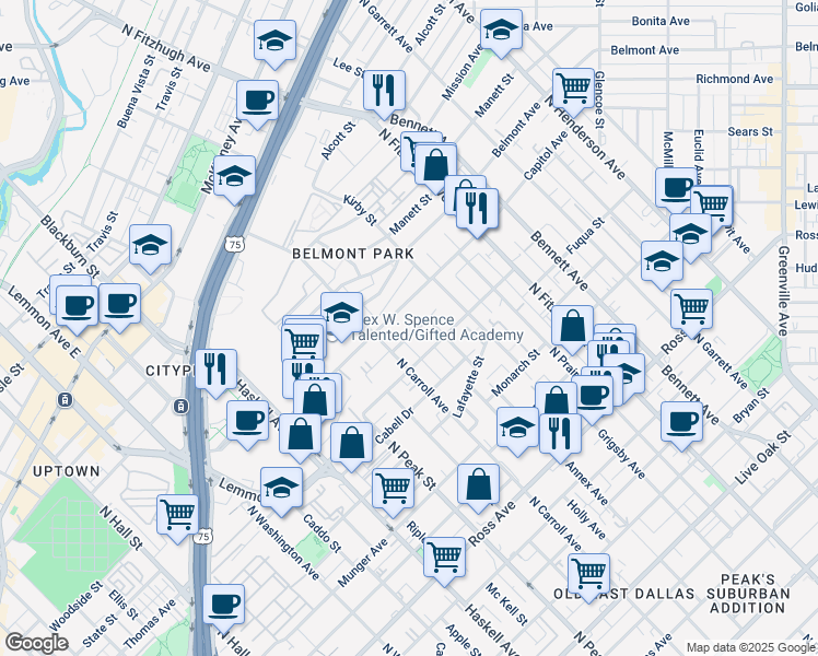 map of restaurants, bars, coffee shops, grocery stores, and more near 4531 Rusk Avenue in Dallas