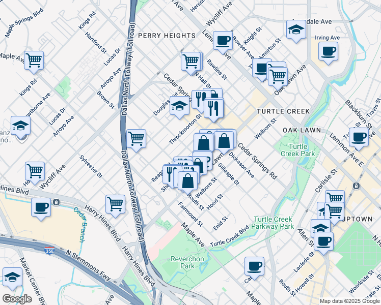 map of restaurants, bars, coffee shops, grocery stores, and more near 2720 Reagan Street in Dallas