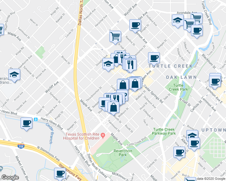 map of restaurants, bars, coffee shops, grocery stores, and more near 2720 Reagan Street in Dallas