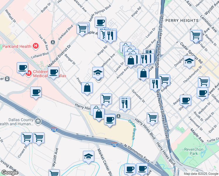 map of restaurants, bars, coffee shops, grocery stores, and more near 2300 Arroyo Avenue in Dallas