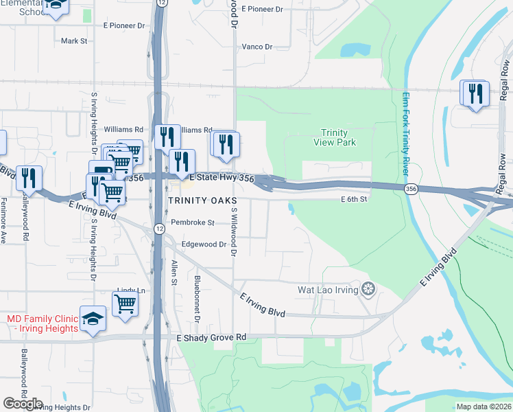 map of restaurants, bars, coffee shops, grocery stores, and more near 611 Van Horn Drive in Irving