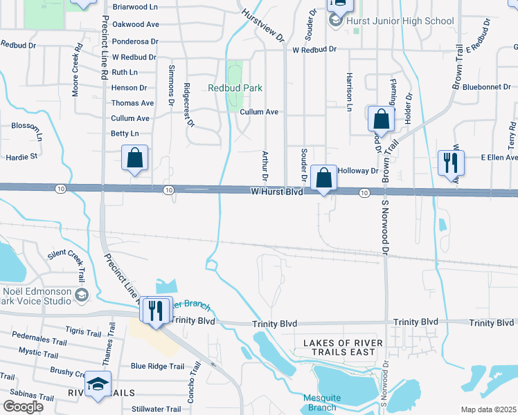 map of restaurants, bars, coffee shops, grocery stores, and more near 501 West Hurst Boulevard in Hurst