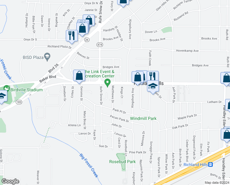 map of restaurants, bars, coffee shops, grocery stores, and more near 3121 Kings Court in Richland Hills