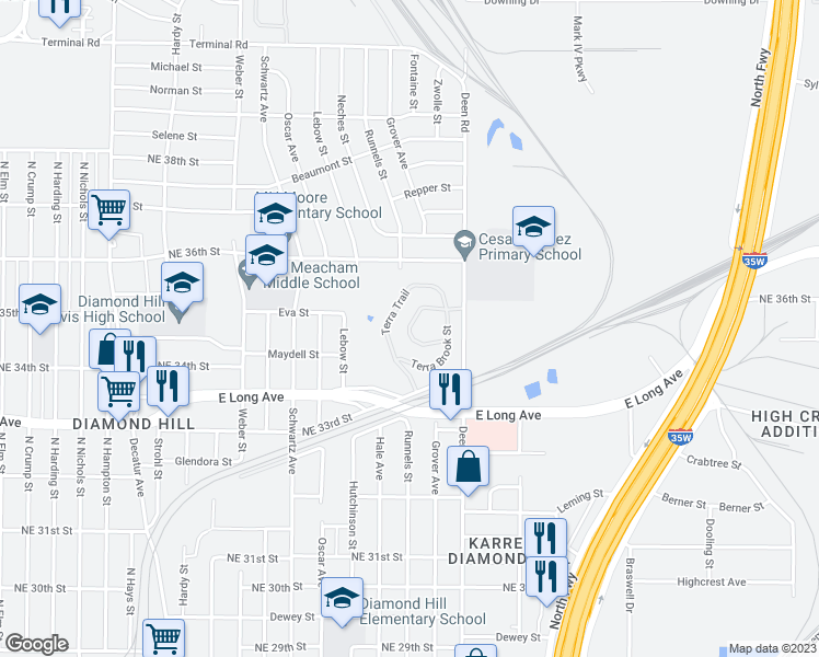 map of restaurants, bars, coffee shops, grocery stores, and more near 3512 Terra Court in Fort Worth