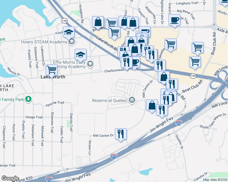 map of restaurants, bars, coffee shops, grocery stores, and more near 6600 Charbonneau Road in Fort Worth