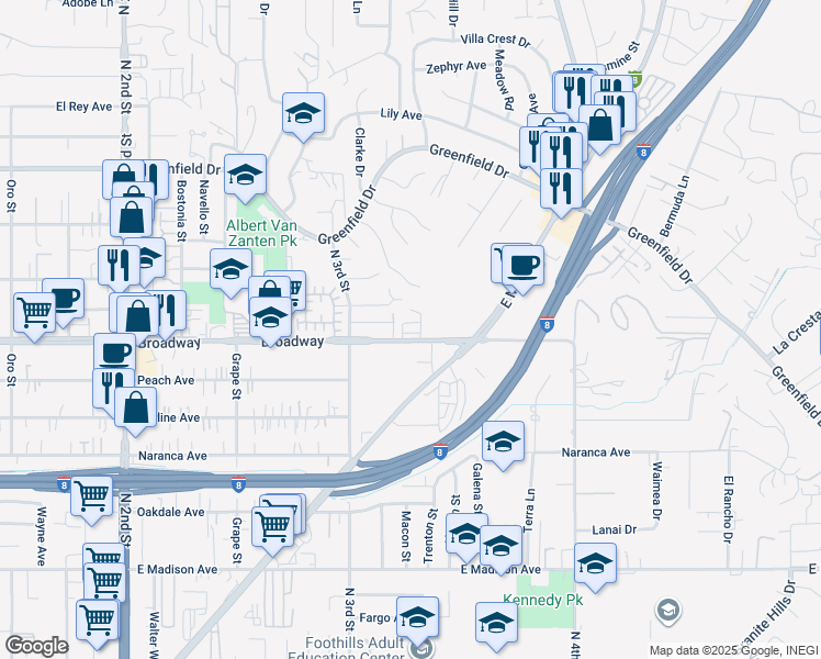 map of restaurants, bars, coffee shops, grocery stores, and more near 1500 Broadway in El Cajon