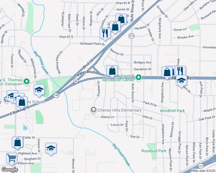 map of restaurants, bars, coffee shops, grocery stores, and more near 3224 Crites Street in Richland Hills