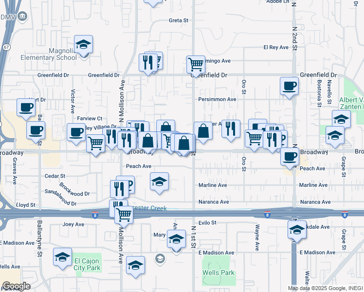 map of restaurants, bars, coffee shops, grocery stores, and more near 1068 Broadway in El Cajon