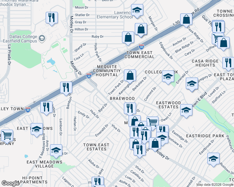 map of restaurants, bars, coffee shops, grocery stores, and more near 3416 Town Park Drive in Mesquite