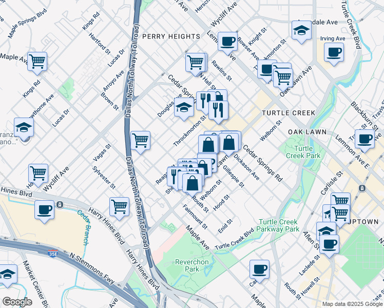 map of restaurants, bars, coffee shops, grocery stores, and more near 2720 Reagan Street in Dallas