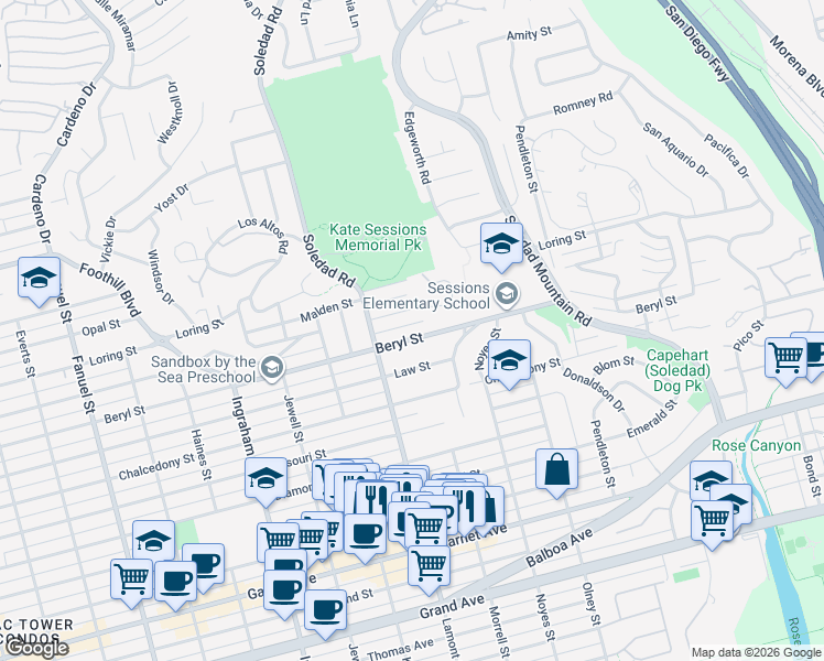 map of restaurants, bars, coffee shops, grocery stores, and more near 2010 Beryl Street in San Diego