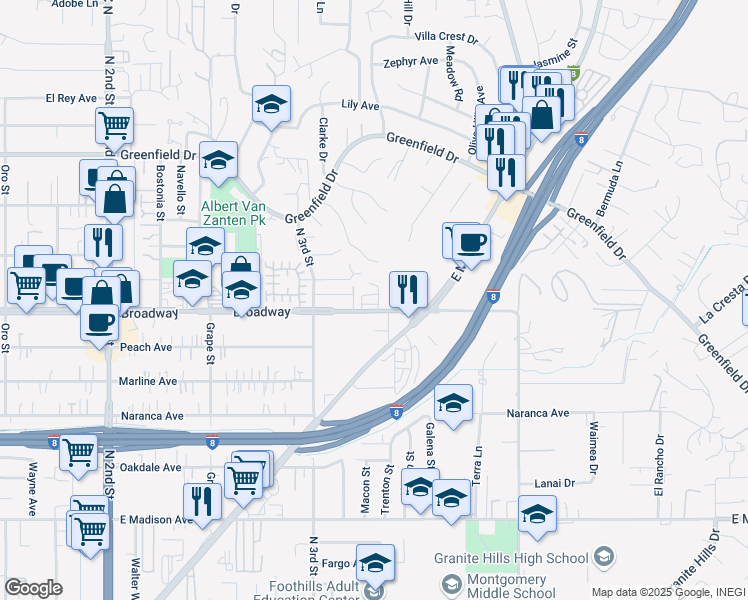 map of restaurants, bars, coffee shops, grocery stores, and more near 1560 Broadway in El Cajon