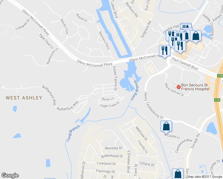 map of restaurants, bars, coffee shops, grocery stores, and more near 2511 Rutherford Way in Charleston