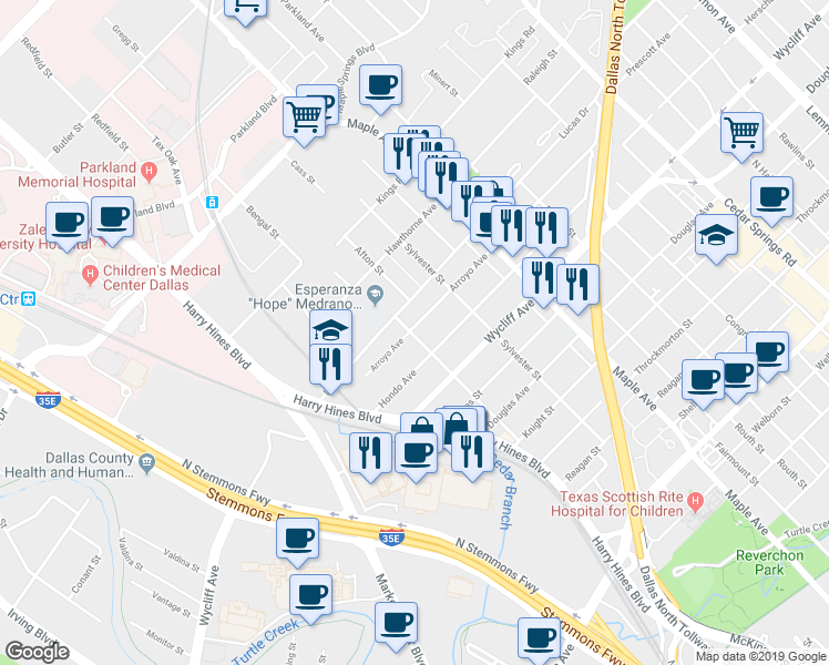 map of restaurants, bars, coffee shops, grocery stores, and more near 2300 Arroyo Avenue in Dallas