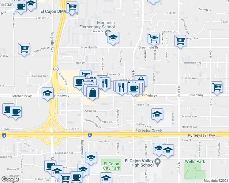 map of restaurants, bars, coffee shops, grocery stores, and more near 702 Broadway in El Cajon
