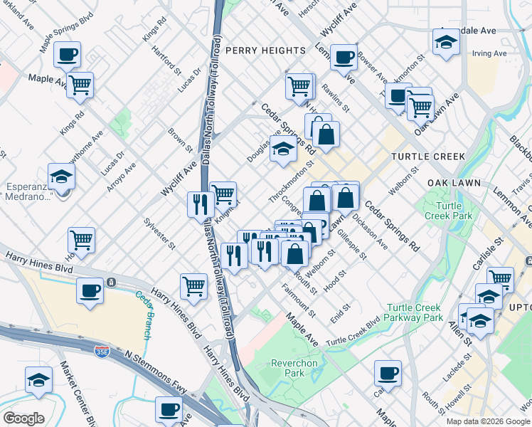 map of restaurants, bars, coffee shops, grocery stores, and more near 4040 Brown Street in Dallas