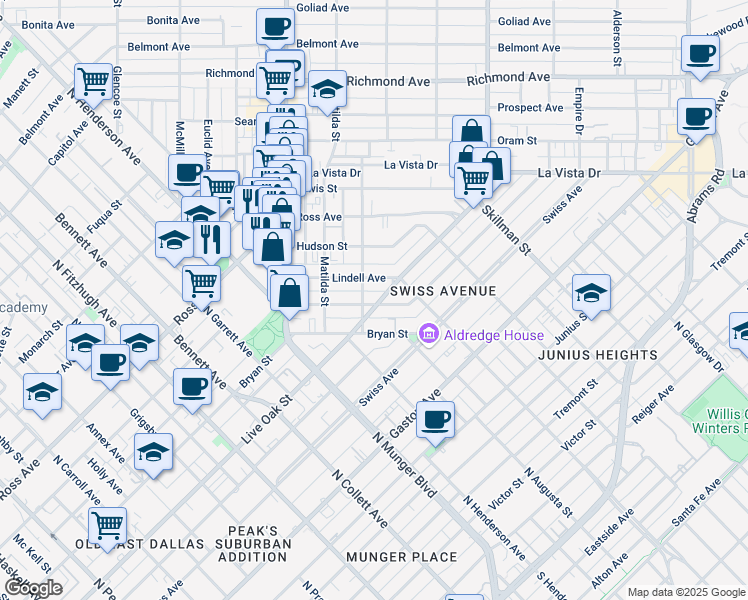 map of restaurants, bars, coffee shops, grocery stores, and more near 5505 Live Oak Street in Dallas