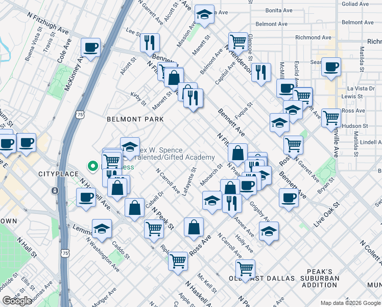 map of restaurants, bars, coffee shops, grocery stores, and more near 4650 Deere Street in Dallas