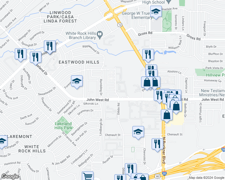 map of restaurants, bars, coffee shops, grocery stores, and more near 1520 Cherrycrest Lane in Dallas