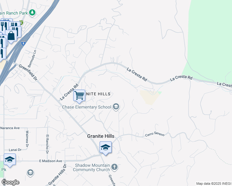 map of restaurants, bars, coffee shops, grocery stores, and more near 2155 Vista Valley Rim Place in El Cajon