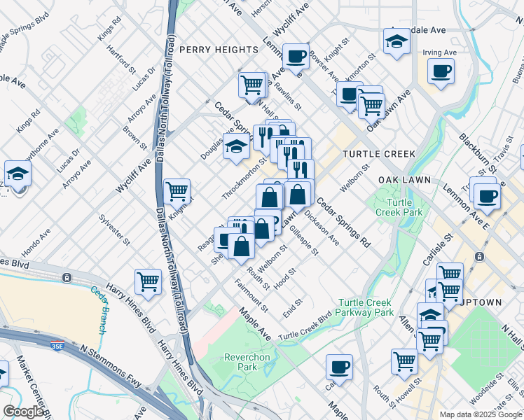 map of restaurants, bars, coffee shops, grocery stores, and more near 2837 Shelby Avenue in Dallas