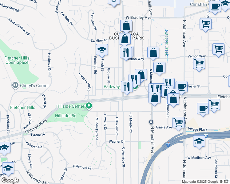 map of restaurants, bars, coffee shops, grocery stores, and more near 1349 Partridge Avenue in El Cajon