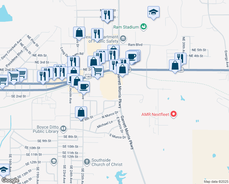 map of restaurants, bars, coffee shops, grocery stores, and more near 194 Garrett Morris Parkway in Mineral Wells