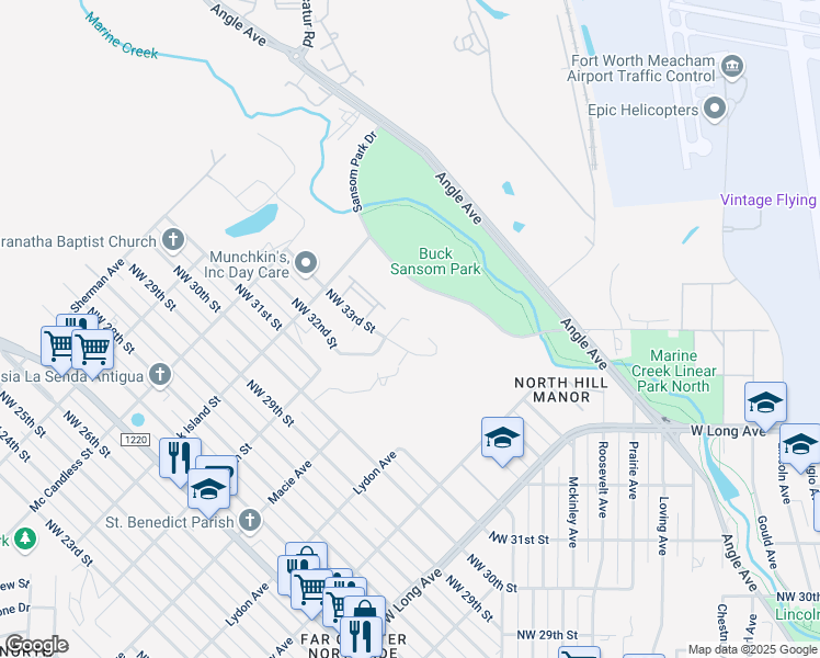 map of restaurants, bars, coffee shops, grocery stores, and more near 3013 Marine Court West in Fort Worth