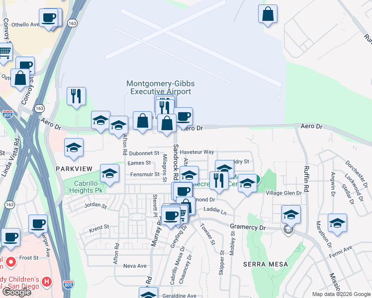 map of restaurants, bars, coffee shops, grocery stores, and more near 8792 Haveteur Way in San Diego