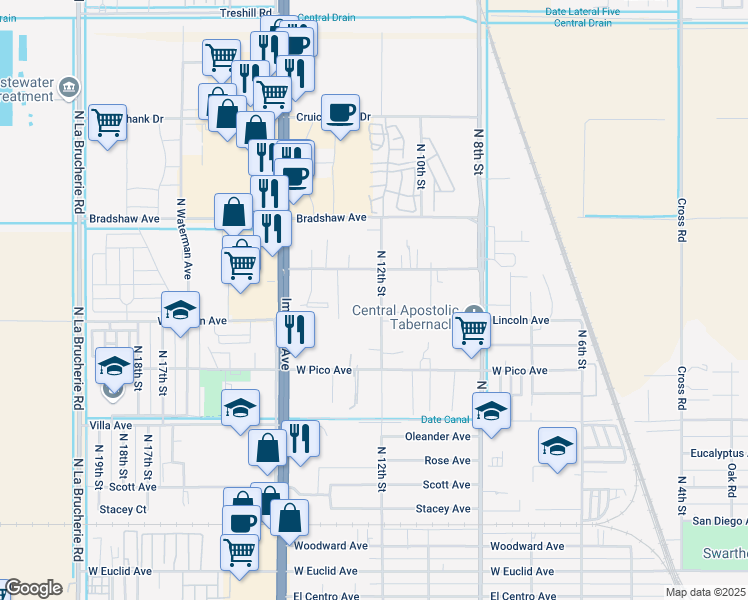 map of restaurants, bars, coffee shops, grocery stores, and more near 1650 North 12th Street in El Centro