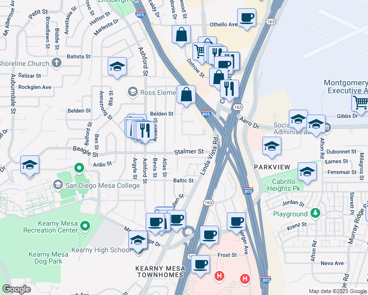 map of restaurants, bars, coffee shops, grocery stores, and more near in San Diego