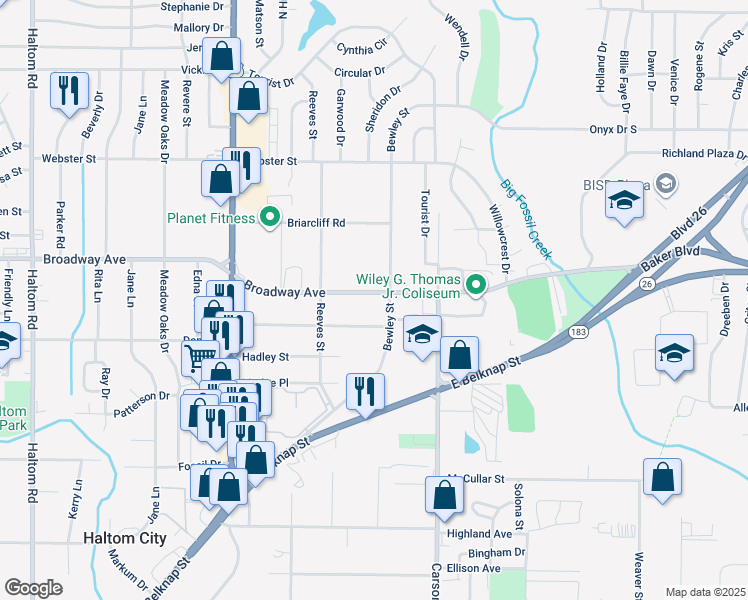 map of restaurants, bars, coffee shops, grocery stores, and more near 5824 Broadway Avenue in Haltom City