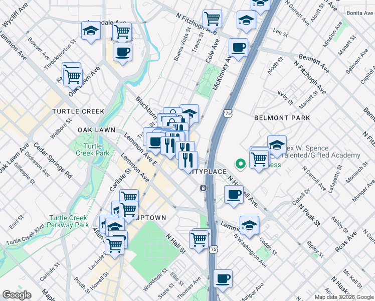 map of restaurants, bars, coffee shops, grocery stores, and more near 3047 Blackburn Street in Dallas