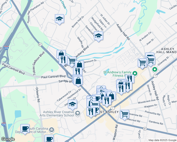 map of restaurants, bars, coffee shops, grocery stores, and more near 1921 Ivy Hall Road in Charleston