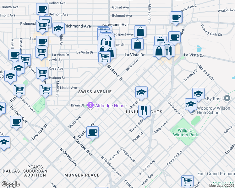 map of restaurants, bars, coffee shops, grocery stores, and more near 5707 Gaston Avenue in Dallas