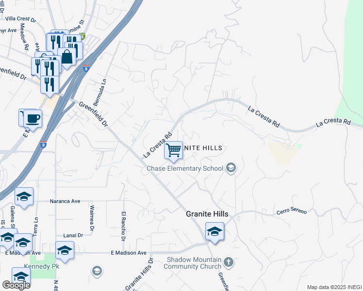 map of restaurants, bars, coffee shops, grocery stores, and more near 1955 Longs Hill Road in El Cajon