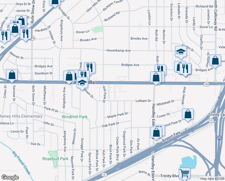 map of restaurants, bars, coffee shops, grocery stores, and more near 7120 Baker Boulevard in Richland Hills