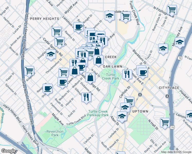 map of restaurants, bars, coffee shops, grocery stores, and more near 3141 Hood Street in Dallas
