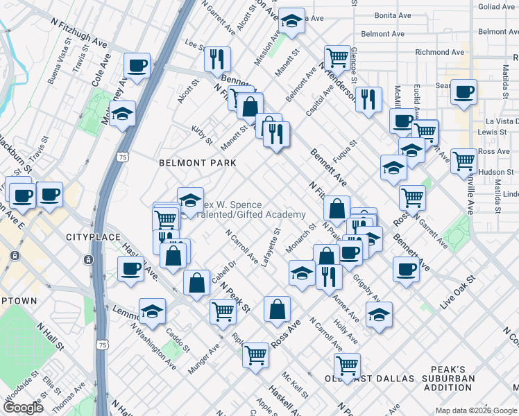 map of restaurants, bars, coffee shops, grocery stores, and more near 4650 Deere Street in Dallas