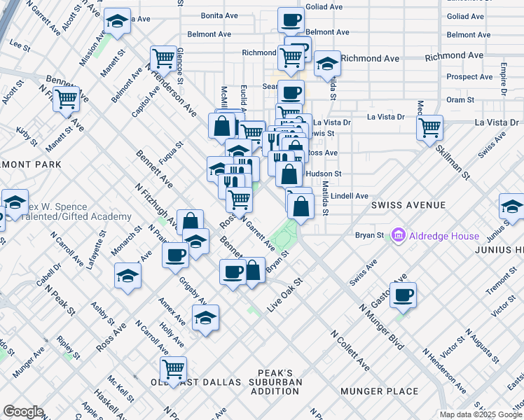 map of restaurants, bars, coffee shops, grocery stores, and more near 1502 North Garrett Avenue in Dallas
