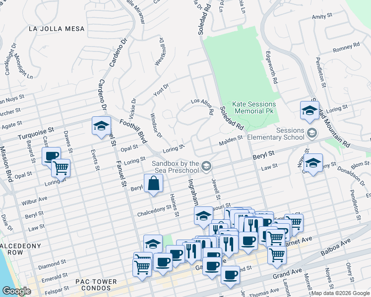 map of restaurants, bars, coffee shops, grocery stores, and more near 1550 Monmouth Drive in San Diego