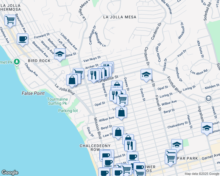 map of restaurants, bars, coffee shops, grocery stores, and more near 5130 Bayard Street in San Diego