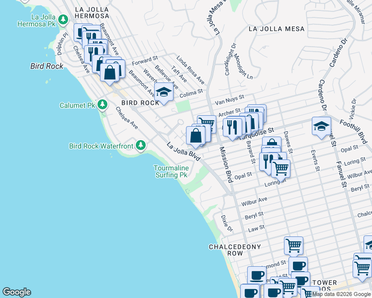 map of restaurants, bars, coffee shops, grocery stores, and more near 5209 La Jolla Boulevard in San Diego