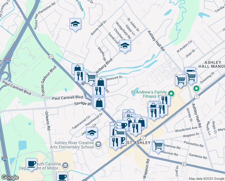 map of restaurants, bars, coffee shops, grocery stores, and more near 1921 Ivy Hall Road in Charleston