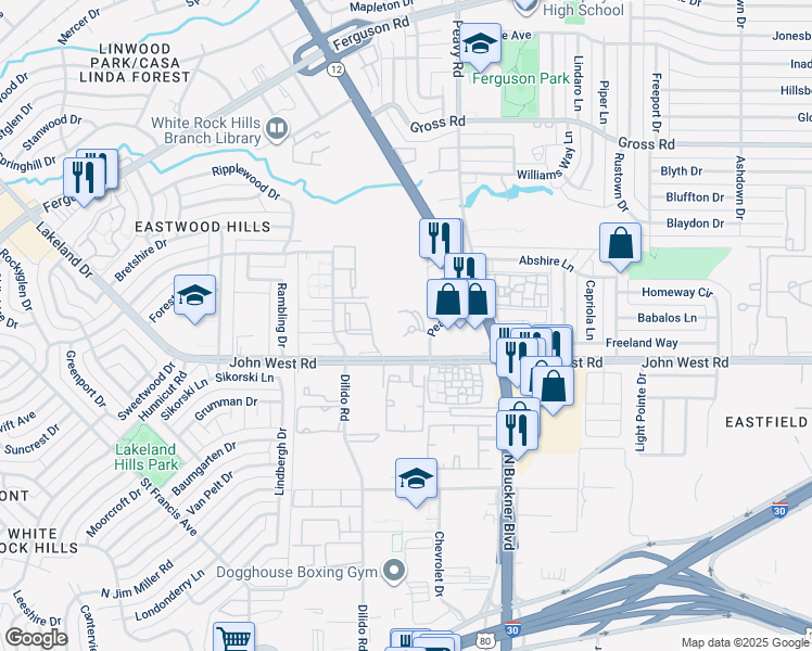 map of restaurants, bars, coffee shops, grocery stores, and more near 3105 Peavy Road in Dallas