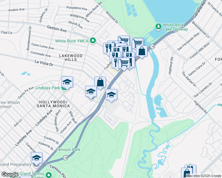 map of restaurants, bars, coffee shops, grocery stores, and more near 7411 La Vista Drive in Dallas